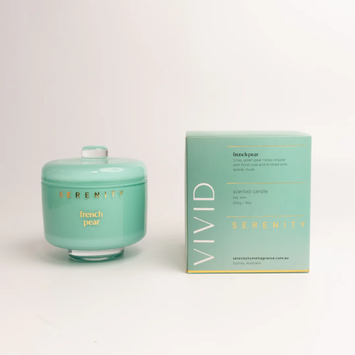 Serenity French Pear candle and packaging on a white background