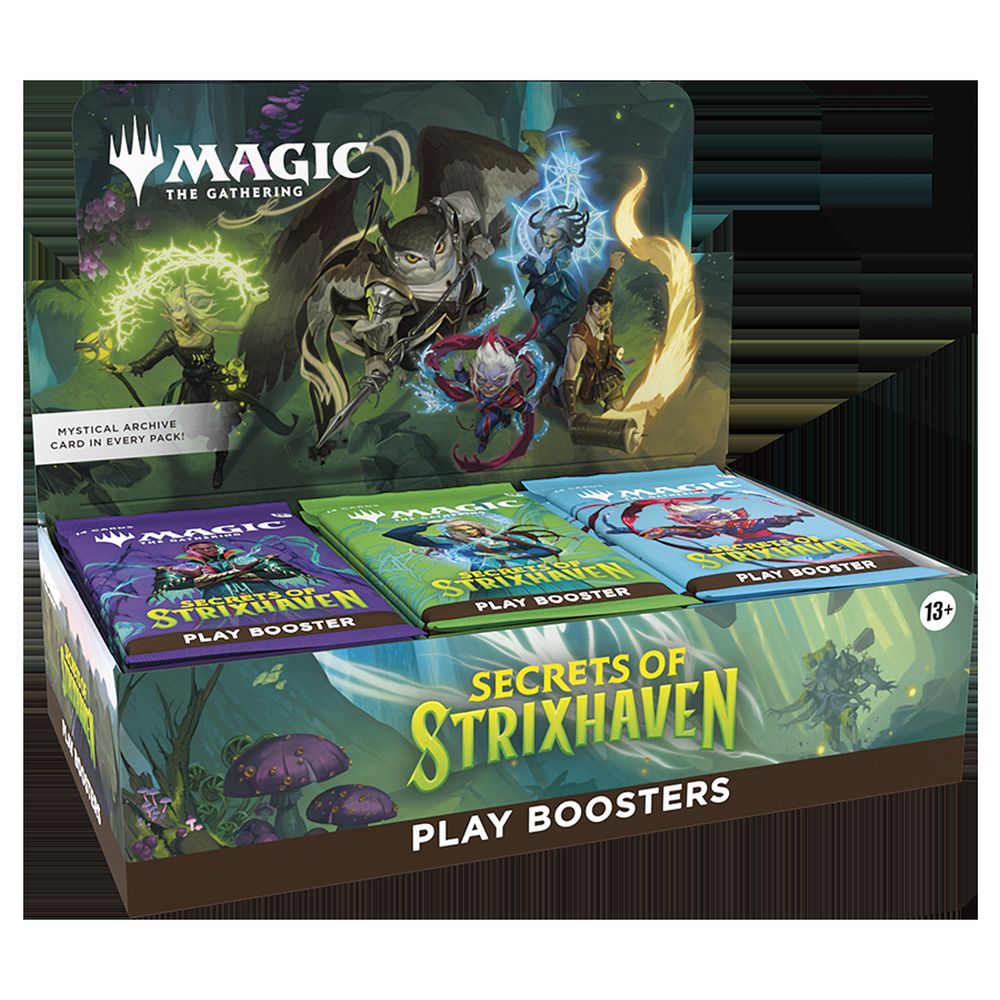 Box of 'Secrets of Strixhaven' play boosters for 'Magic: The Gathering' with game characters on the packaging.